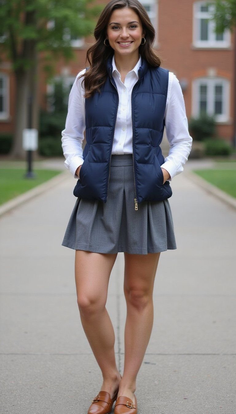 Preppy Puffer Vest Over Button-Down And Pleats