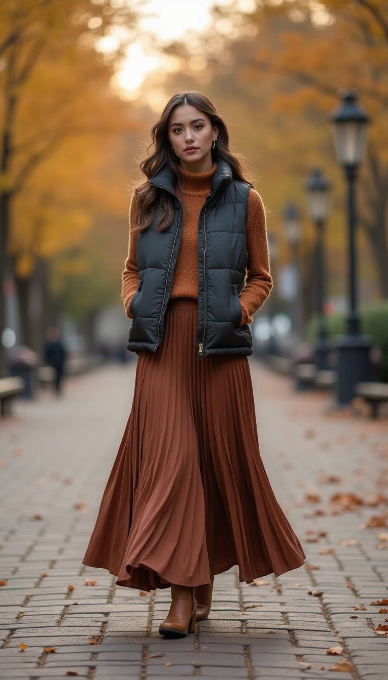 Quilted Puffer Vest Paired With Maxi Skirt
