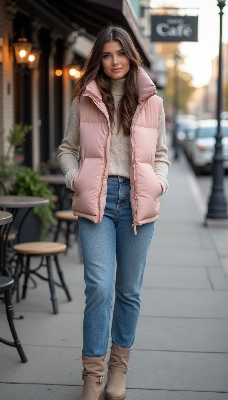 Soft Pastel Puffer With Mom Jeans And Boots