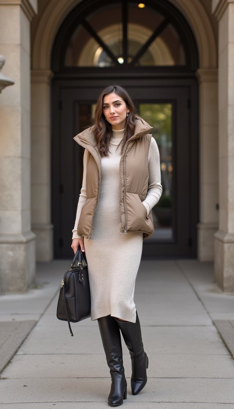 Tonal Knit Dress With Lightweight Puffer Vest
