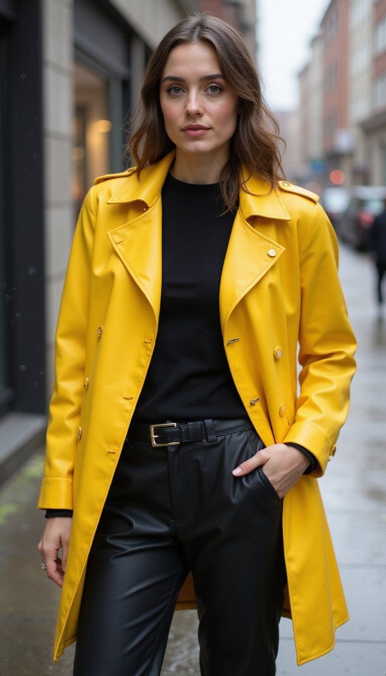 Bright Pop Raincoat With Monochrome Basics
