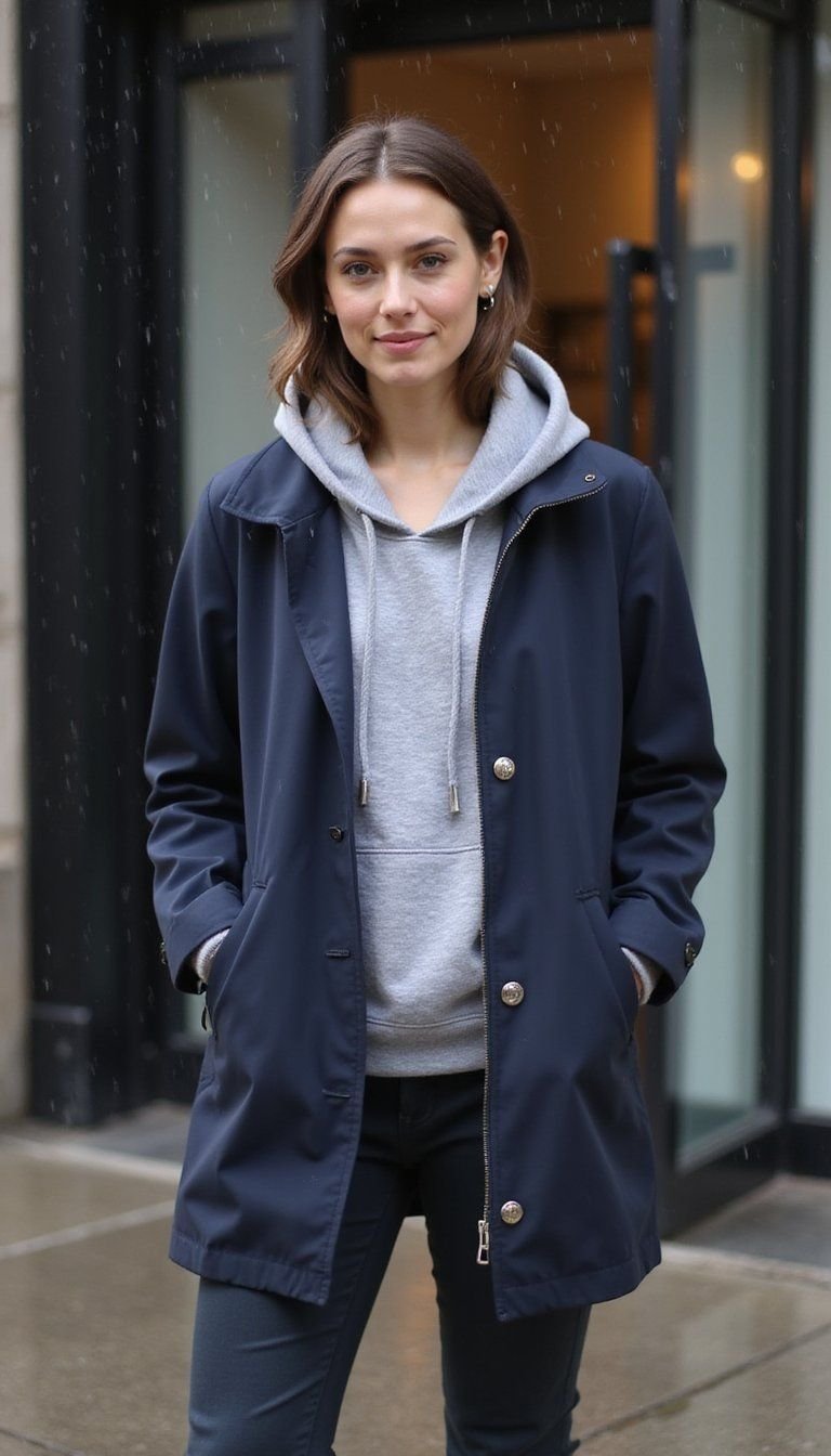 Casual Hoodie Layered Under Water-Resistant Blazer