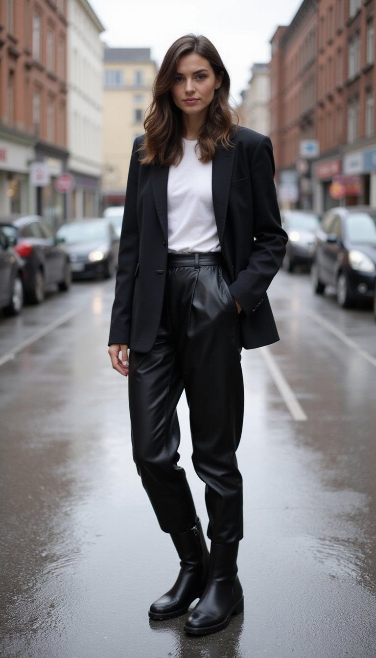 Cropped Blazer With Water-Repellent Trousers And Rain Boots