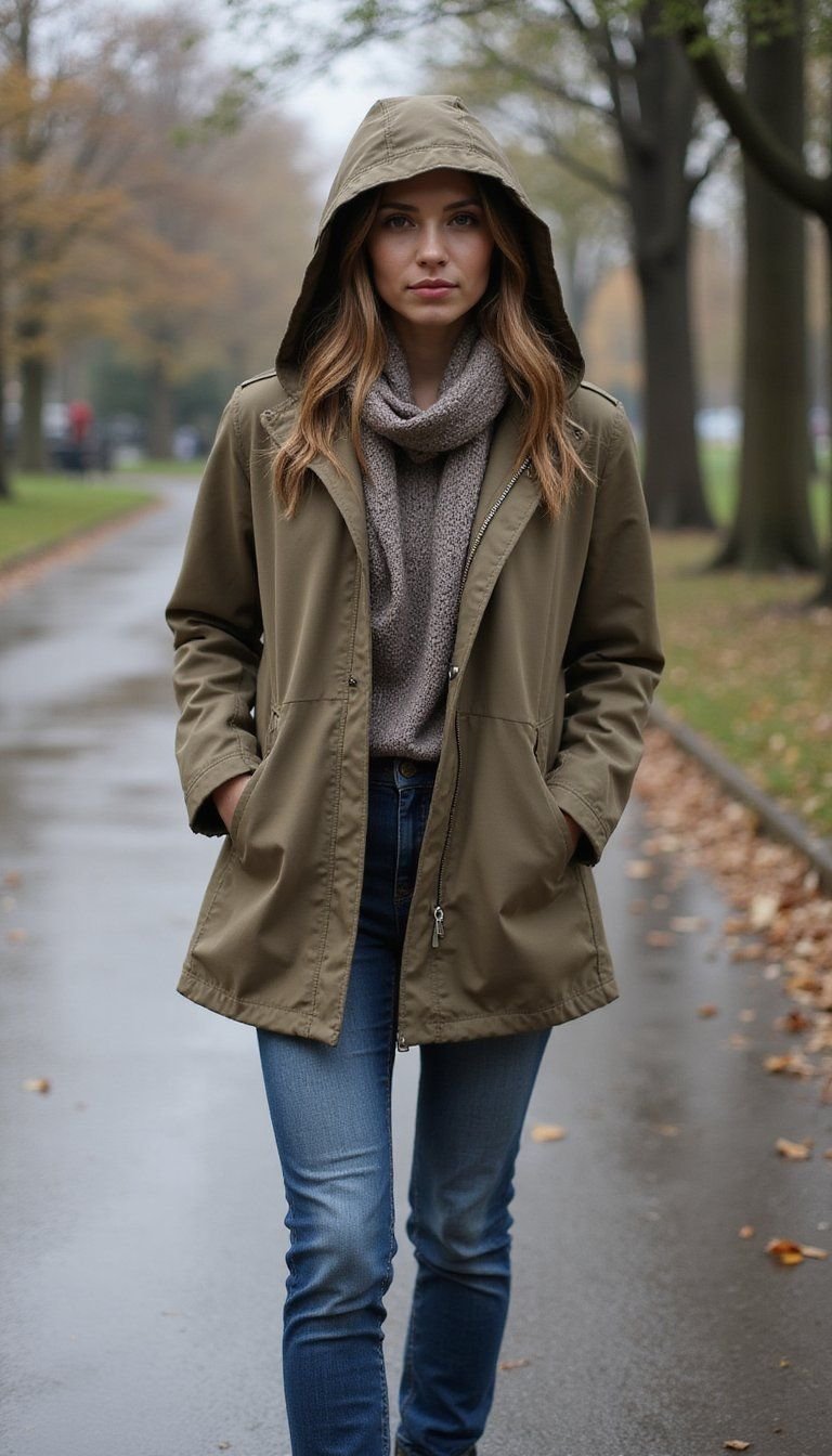 Hooded Parka With Lightweight Scarf Styling