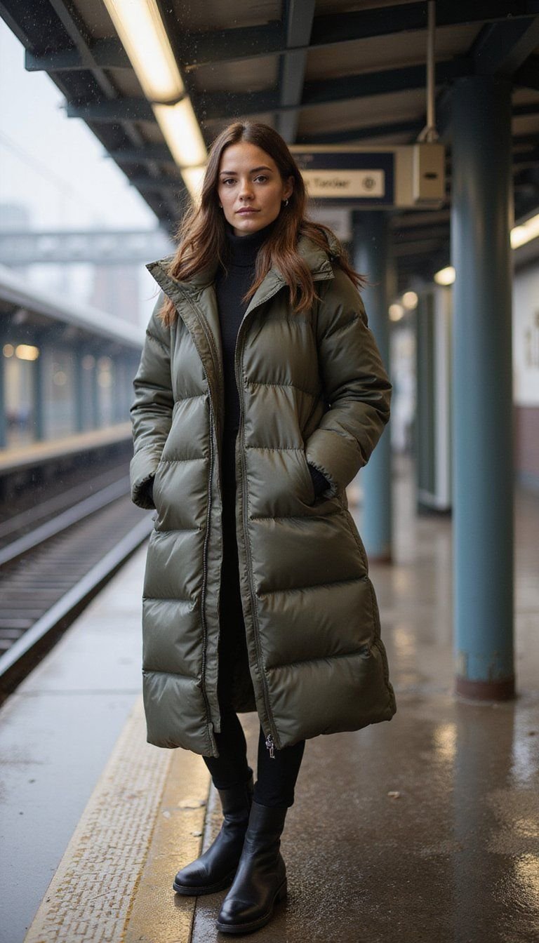 Long Puffer Coat With Chelsea Boots Style