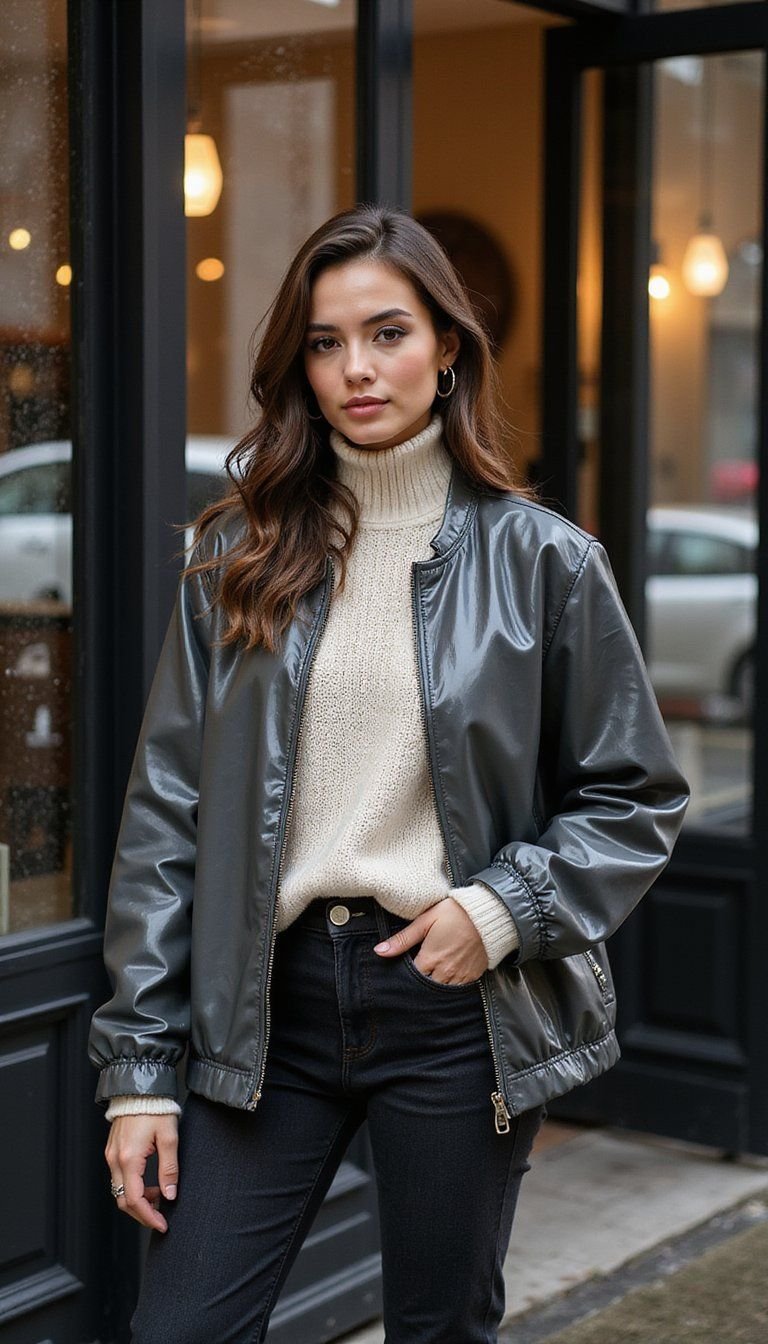 Oversized Sweater Paired With Slicker Jacket
