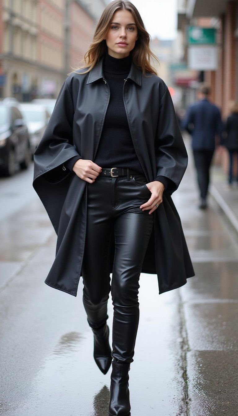 Rain Cape Paired With Skinny Rain Trousers