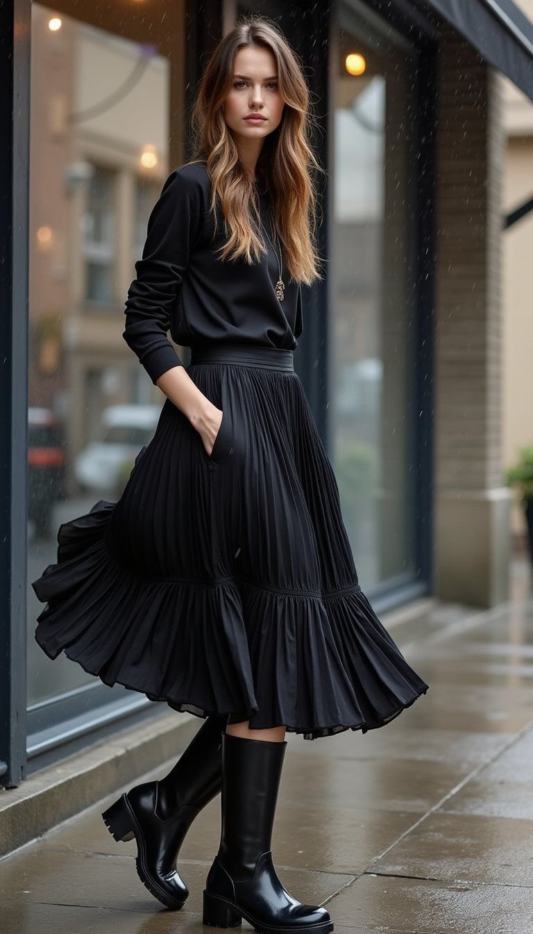 Rubber Rain Boots And Midi Skirt Mix