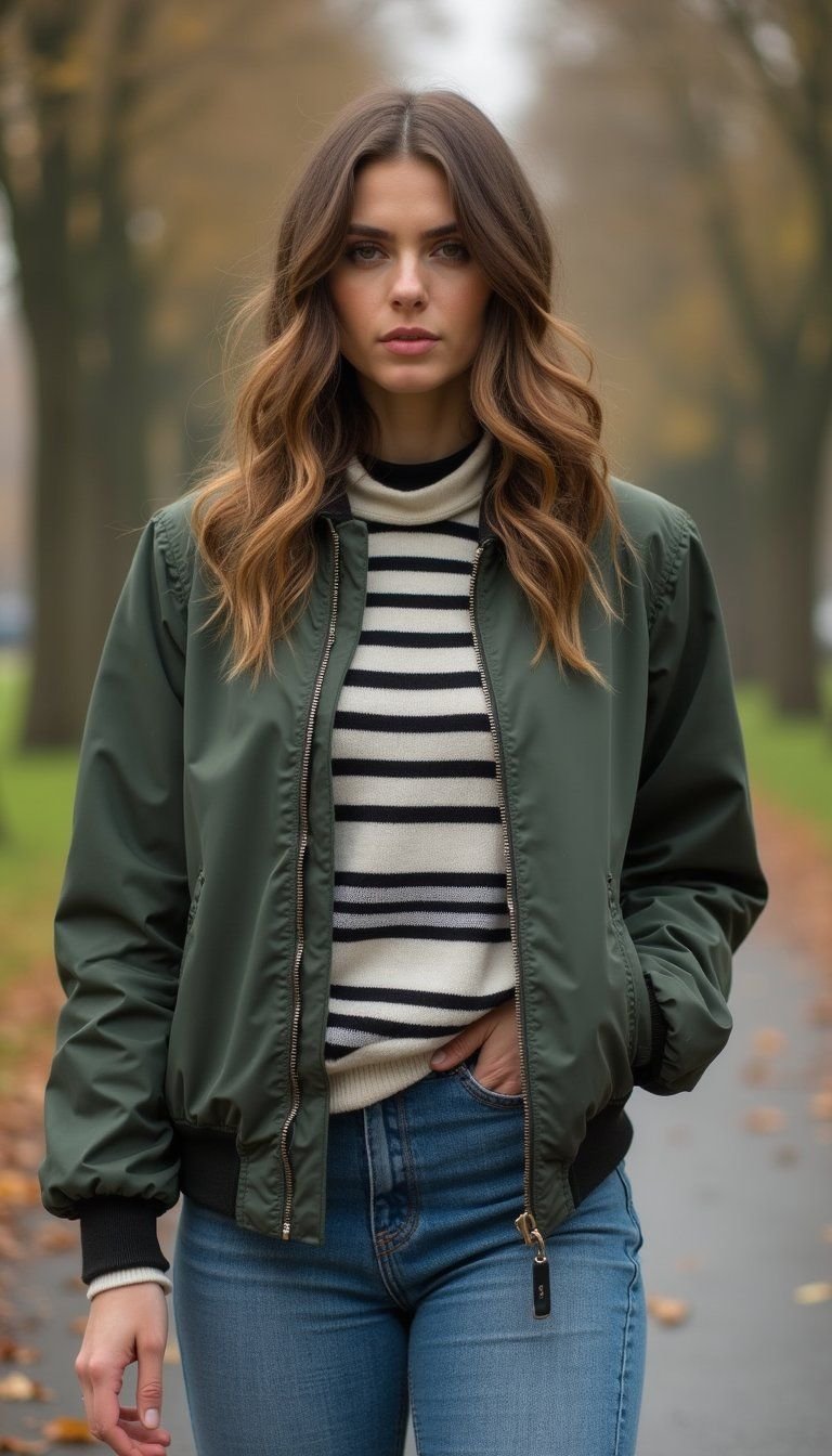 Waterproof Bomber Jacket With Straight-Leg Jeans