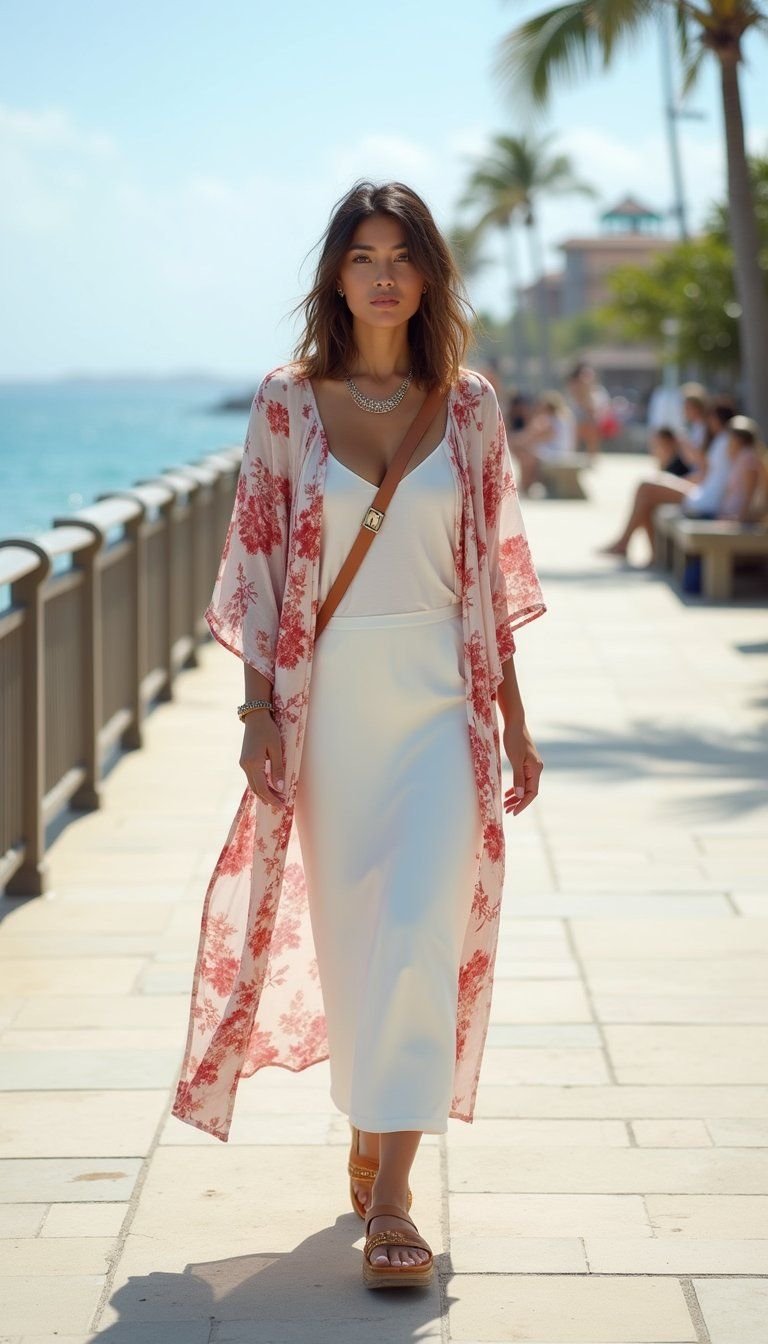 Satin Slip Skirt With Kimono And Sandals For Travel