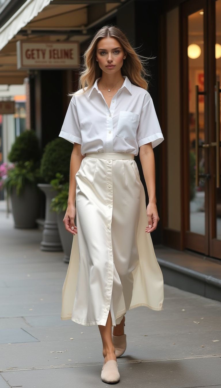Satin Slip Skirt With Structured White Button Up