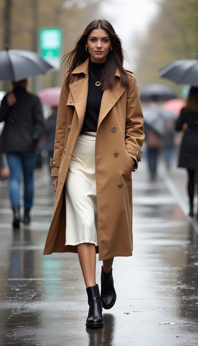 Satin Slip Skirt With Trench Coat And Ankle Boots