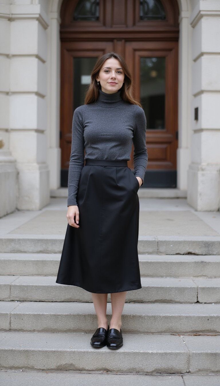 Satin Slip Skirt With Turtleneck And Loafers