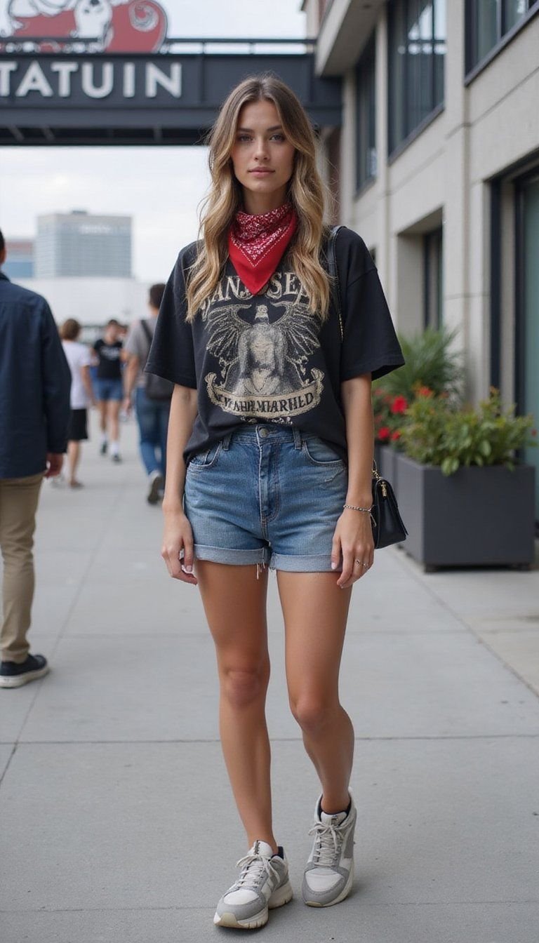 Classic Band Tee With High-Waist Denim Shorts