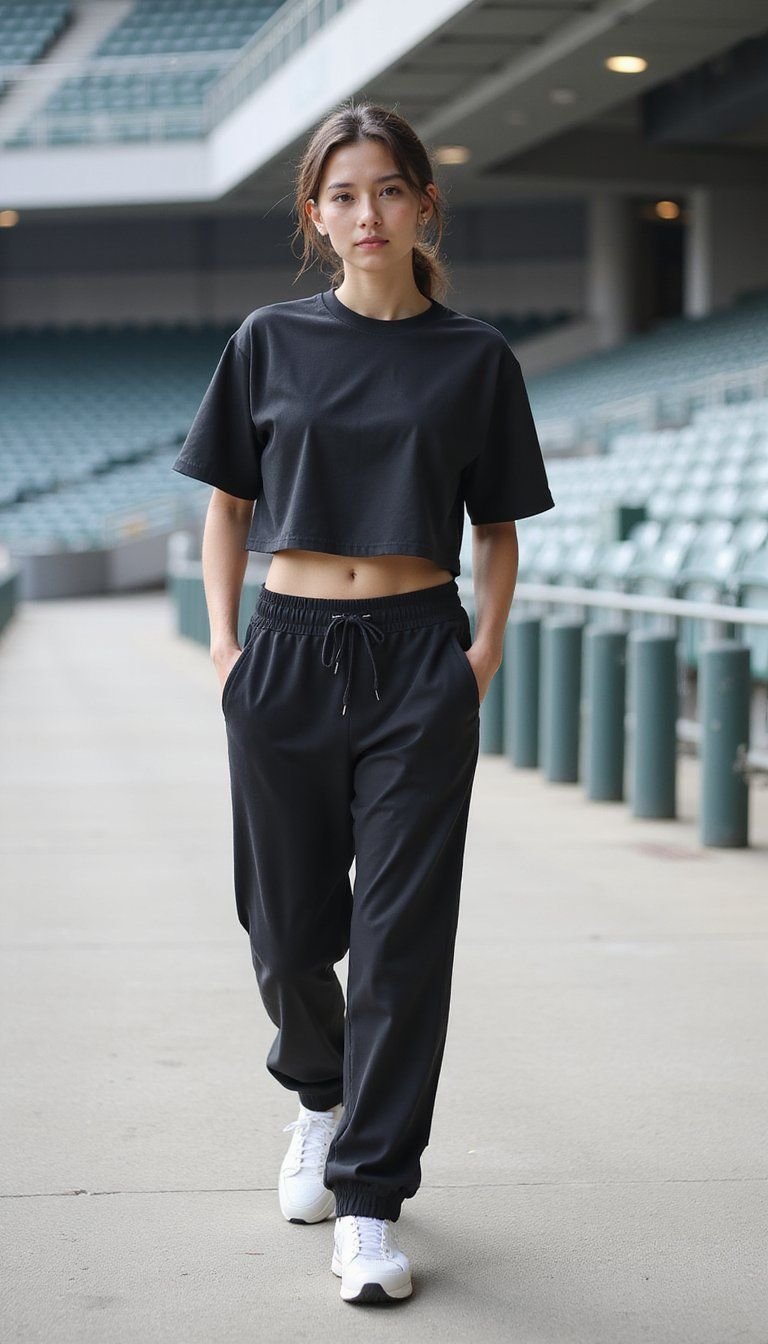 Sporty Crop Top With Track Pants And Sneakers
