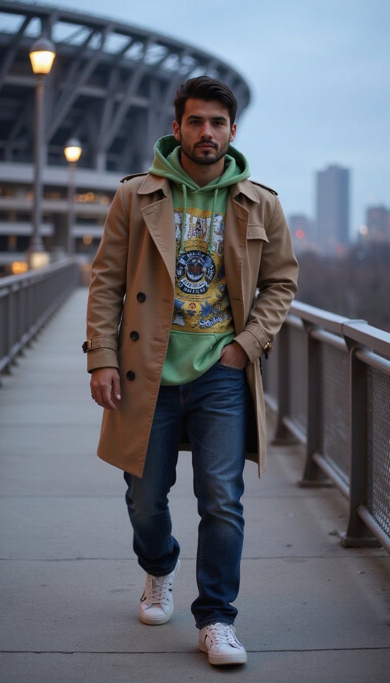 Statement Trench Coat With Graphic Hoodie And Jeans