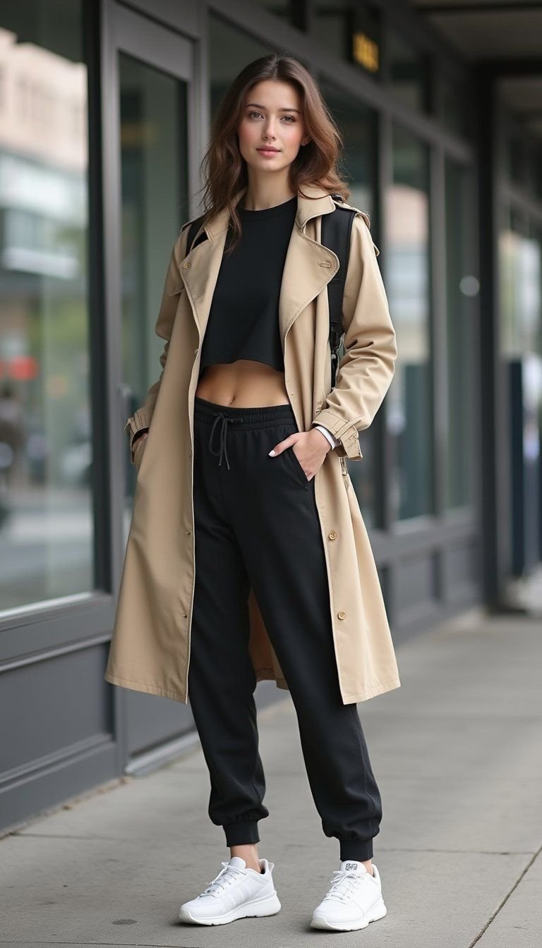 Athleisure Trench With Sweatshirt And Trainers