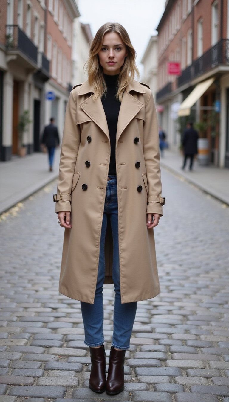Double-Breasted Trench With Statement Buttons And Boots