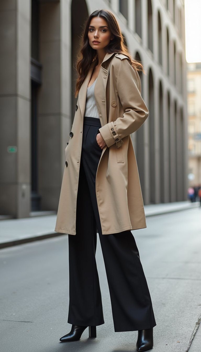 Trench With Wide-Leg Trousers For Modern Drama