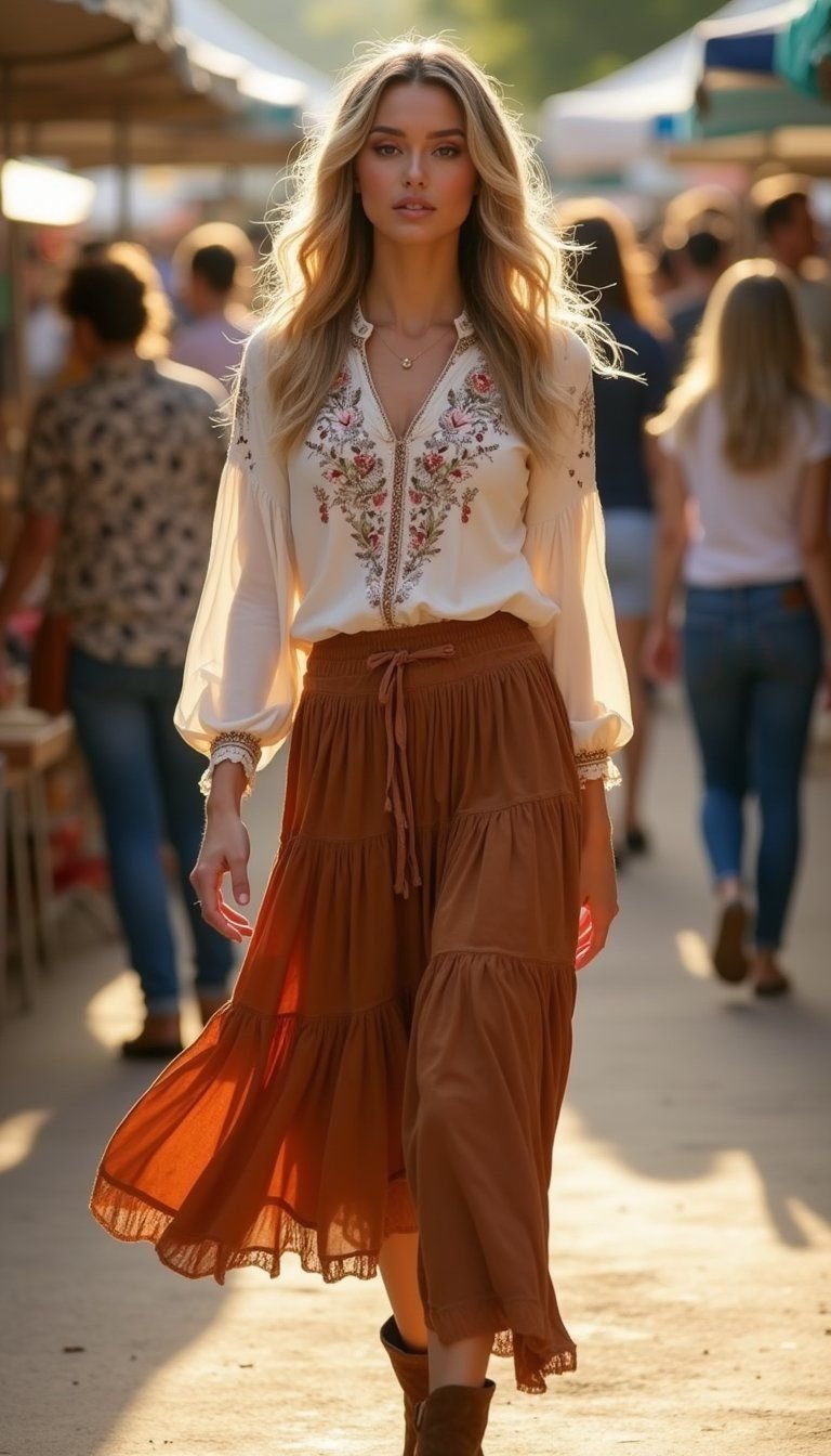 Boho Blouse And Tiered Suede Skirt Ensemble