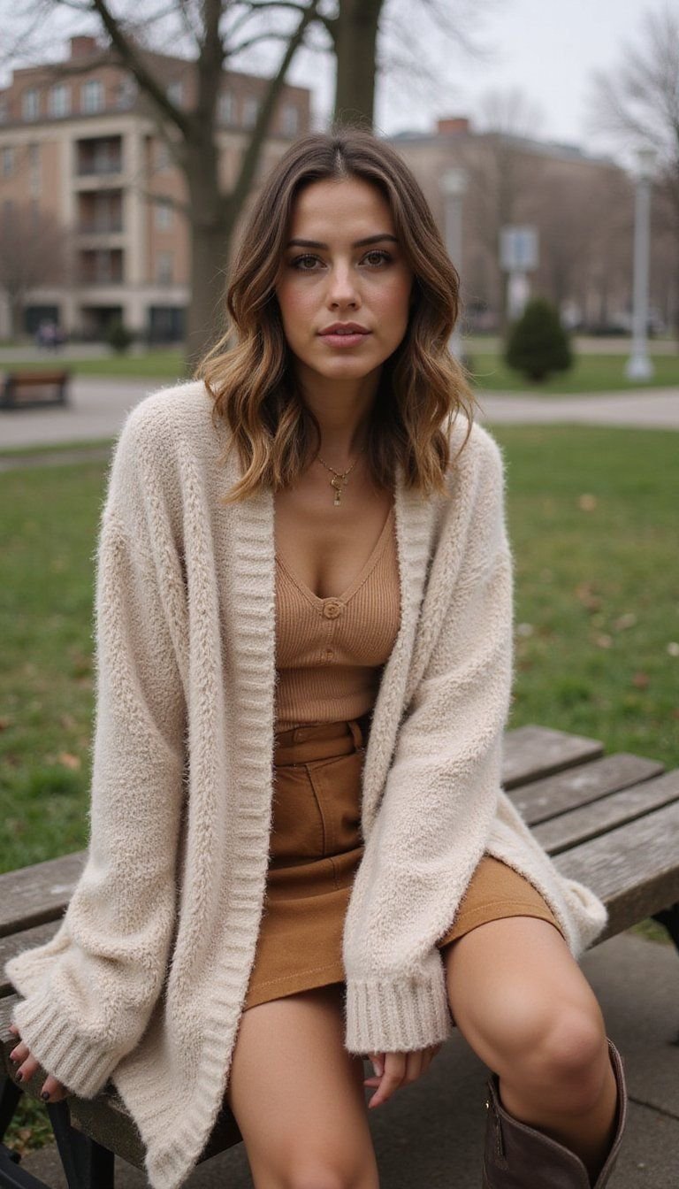 Casual Cardigan And Suede Skirt Layering Look