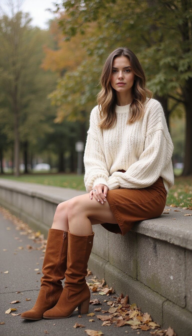 Chunky Knit Sweater With Suede Pencil Skirt