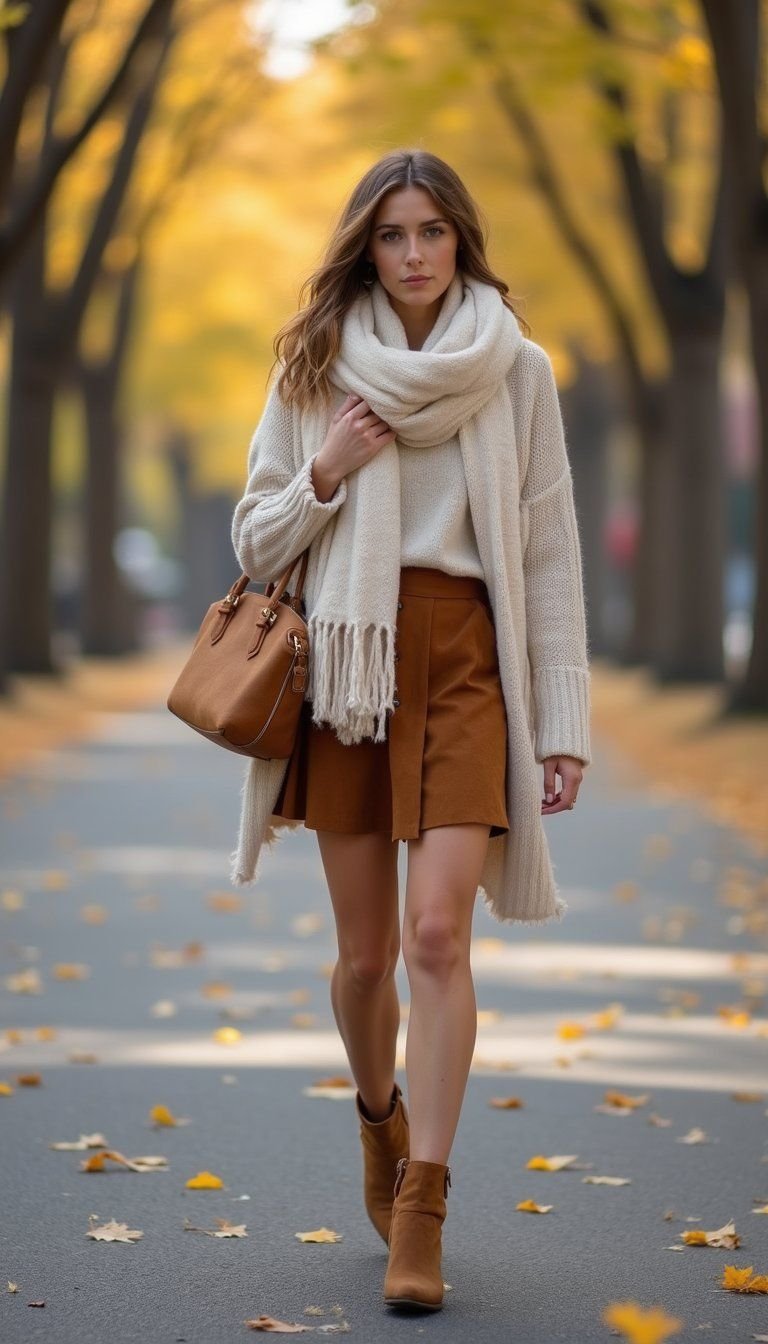 Cozy Scarf And A-Line Suede Skirt Outfit