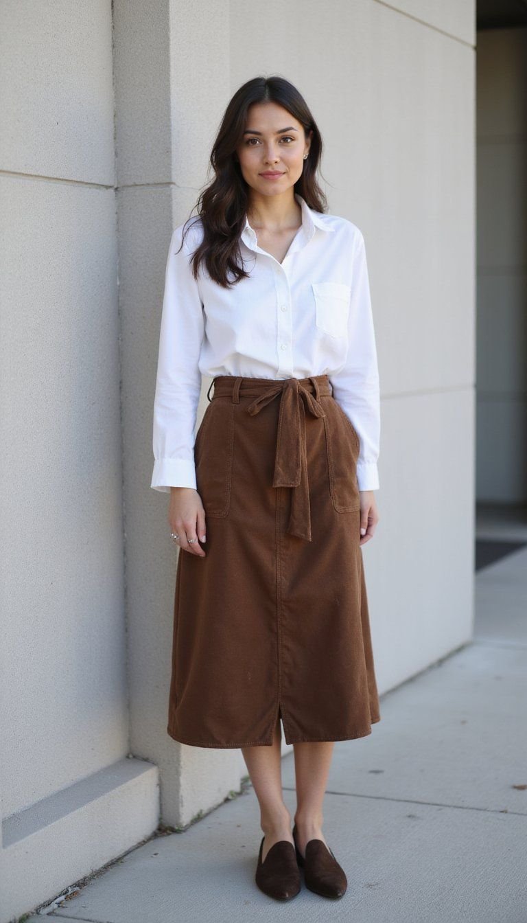 Crisp Button-Up And Suede Midi Skirt Combo