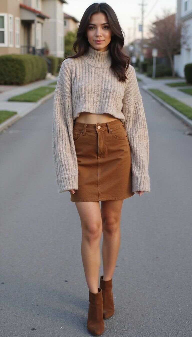 Cropped Sweater And High-Waist Suede Skirt