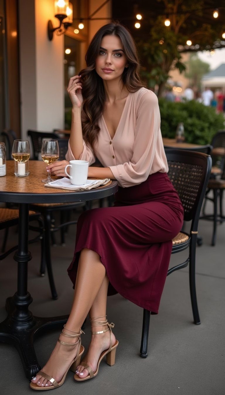Sheer Blouse And Suede Skirt For Date Night