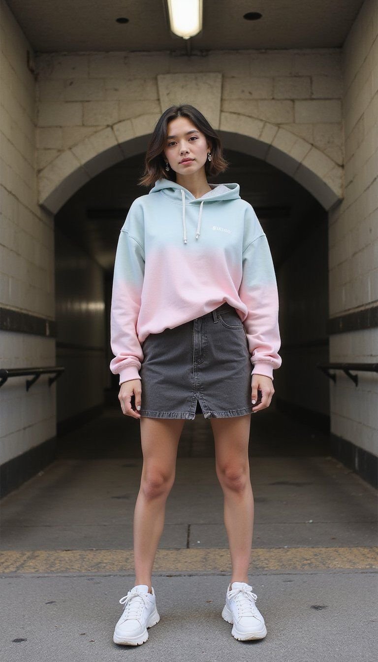 Sporty Hoodie Paired With Suede Skirt Contrast