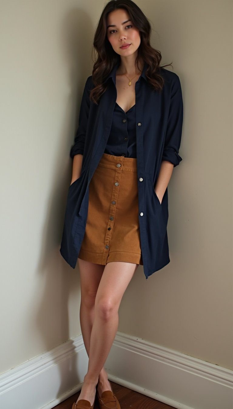 Tailored Shirt Dress With Suede Skirt Accent