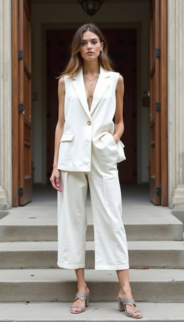 White Linen Suit With Sleeveless Blazer Look
