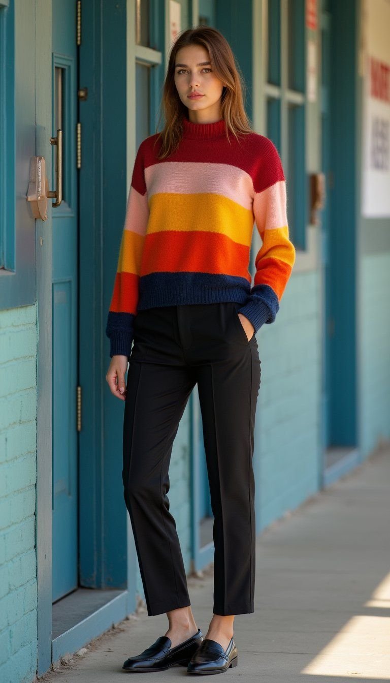 Color-Blocked Sweater And Slim Trousers