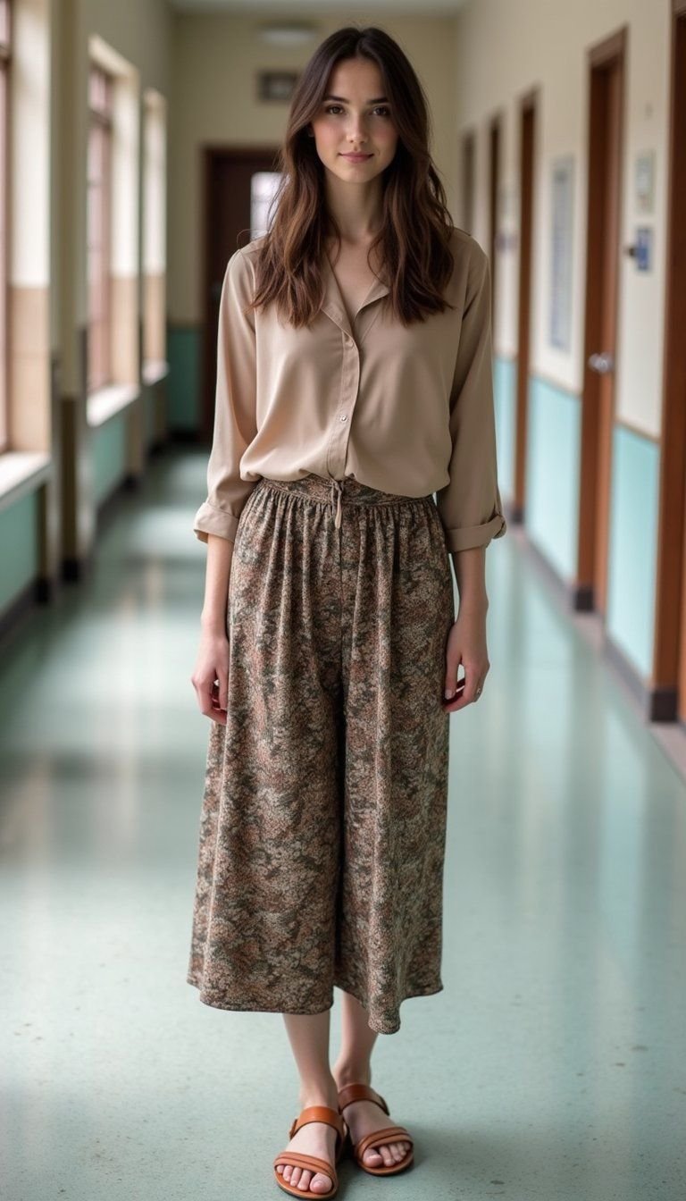 Printed Culottes With Neutral Blouse Ensemble