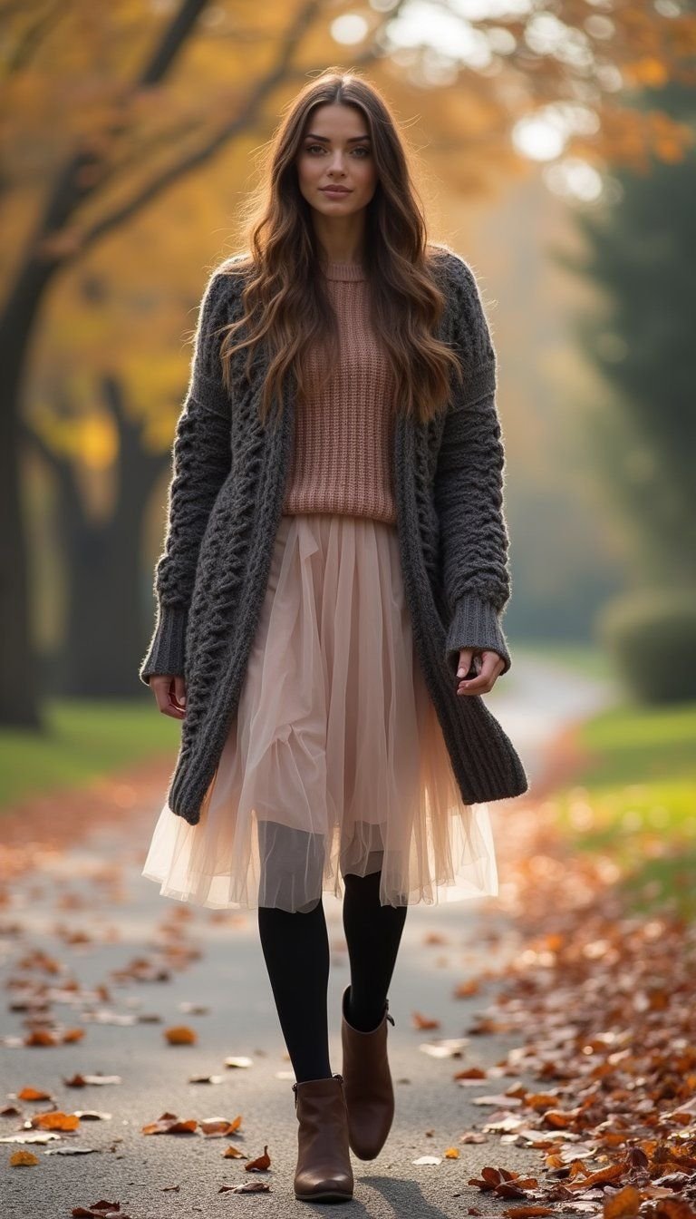 Chunky Knit Cardigan With Tulle For Winter Warmth
