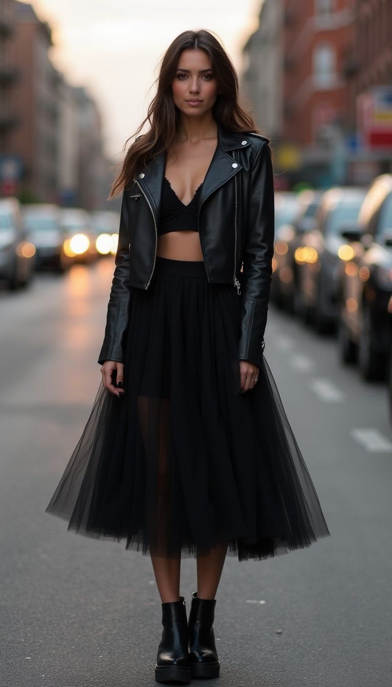 Edgy Black Leather Jacket Over Tulle Midi