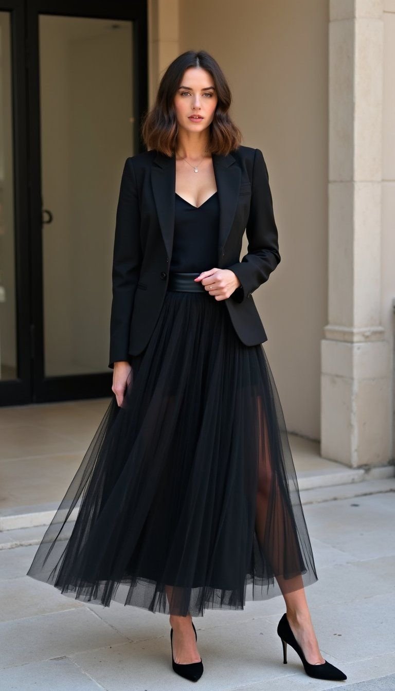 Monochrome Black Tulle With Sleek Blazer