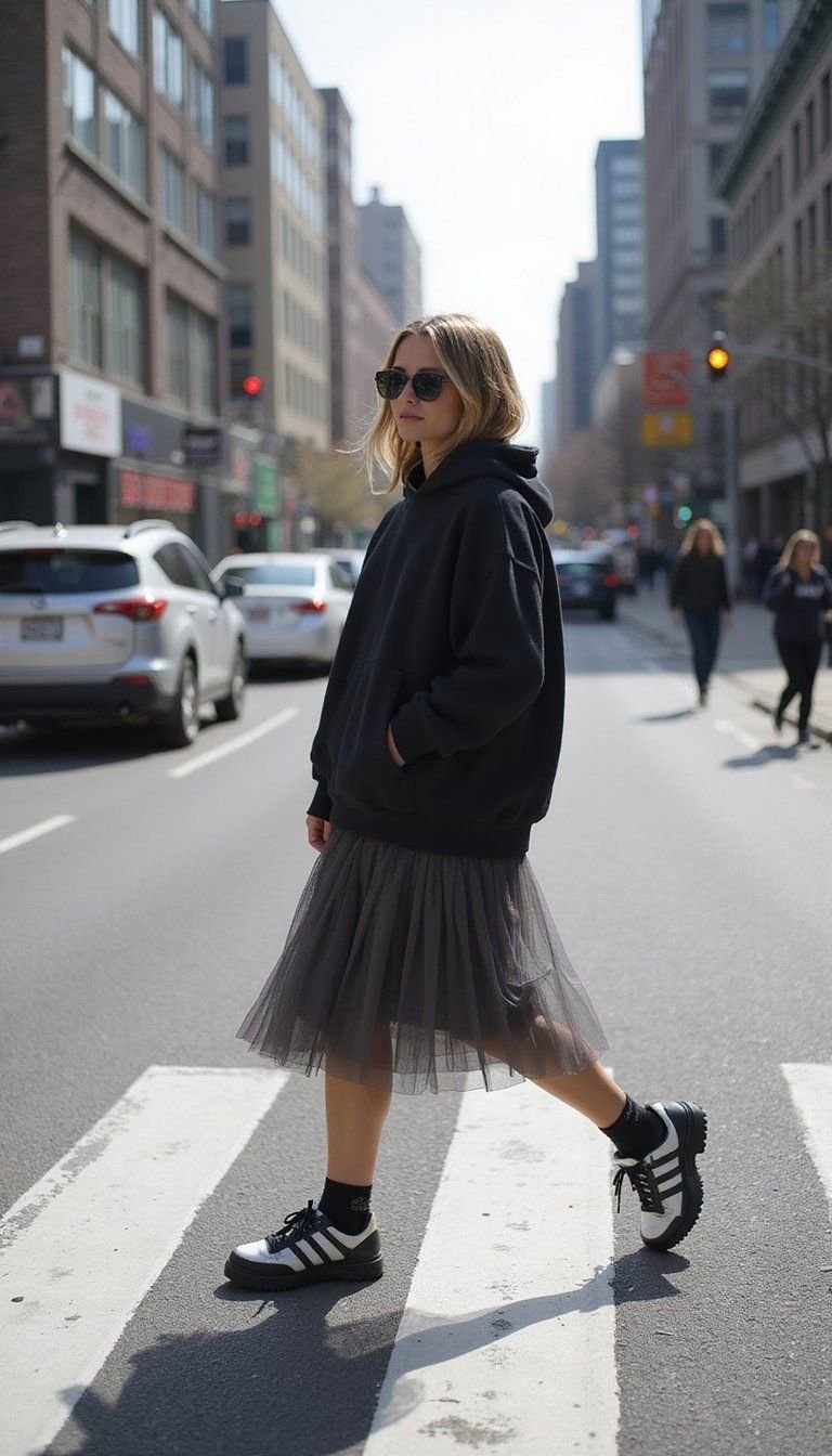 Oversized Hoodie With Tulle Skirt For Street Style