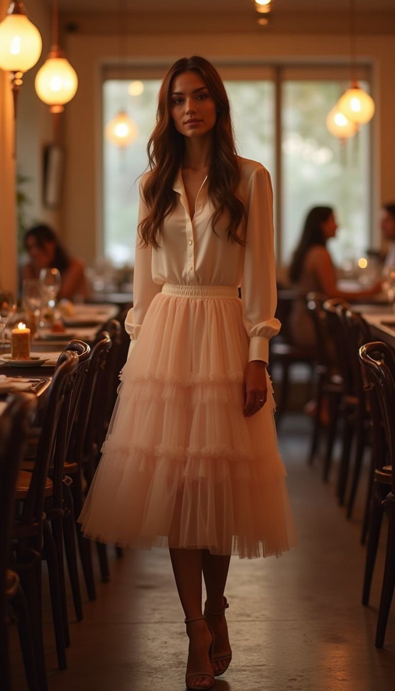 Sheer Blouse Tucked Into Tulle For Evening Romance