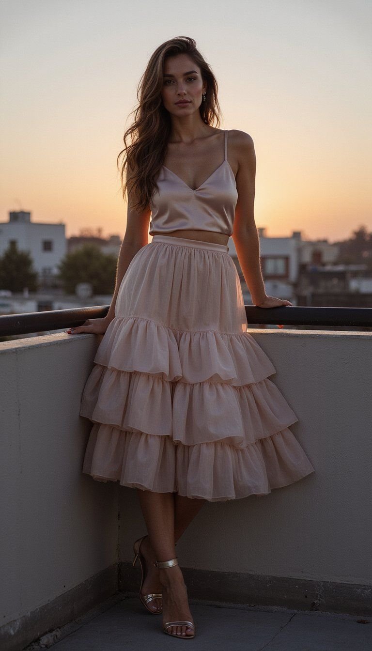 Sleek Satin Camisole With Tulle Midi For Date