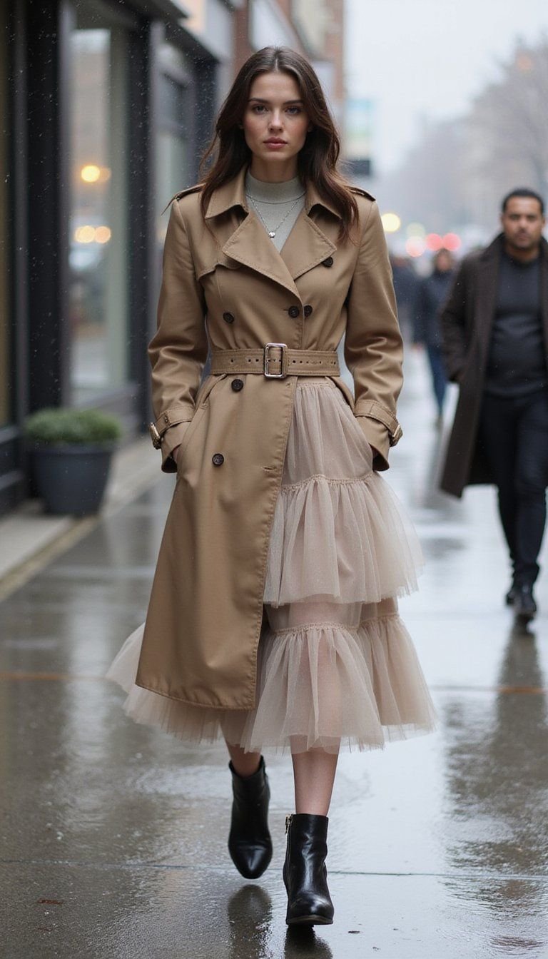 Trench Coat Layered Over Tulle For Transitional Weather