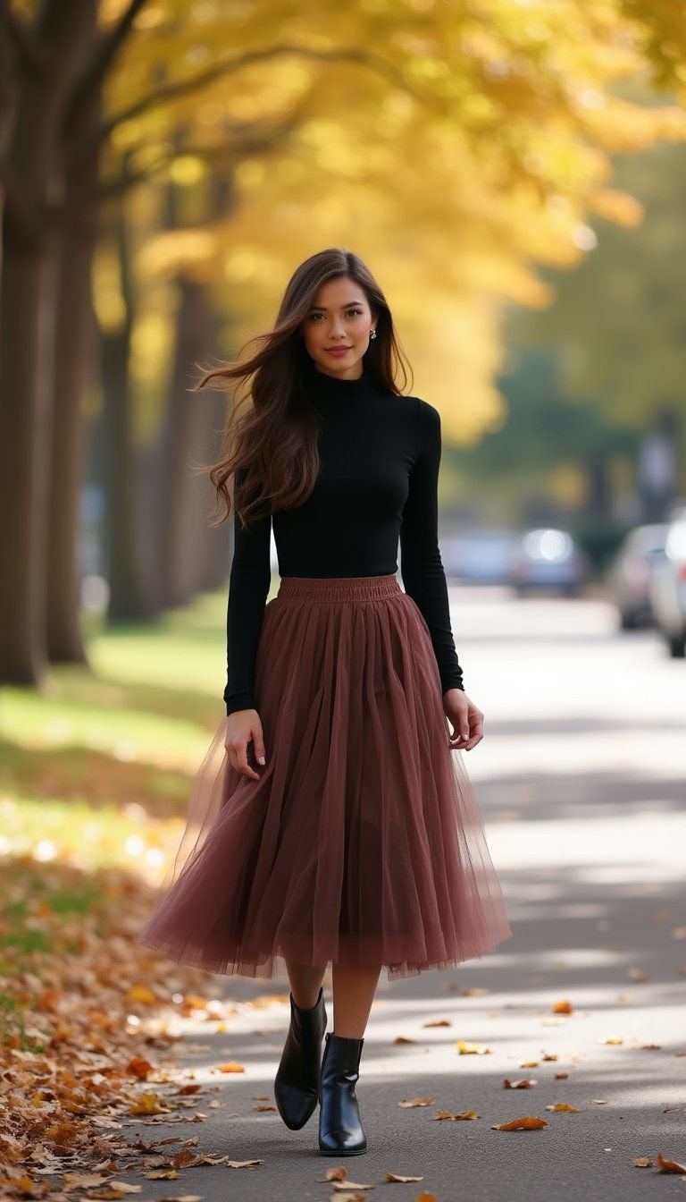 Turtleneck And Tulle Skirt For Cool-Weather Elegance