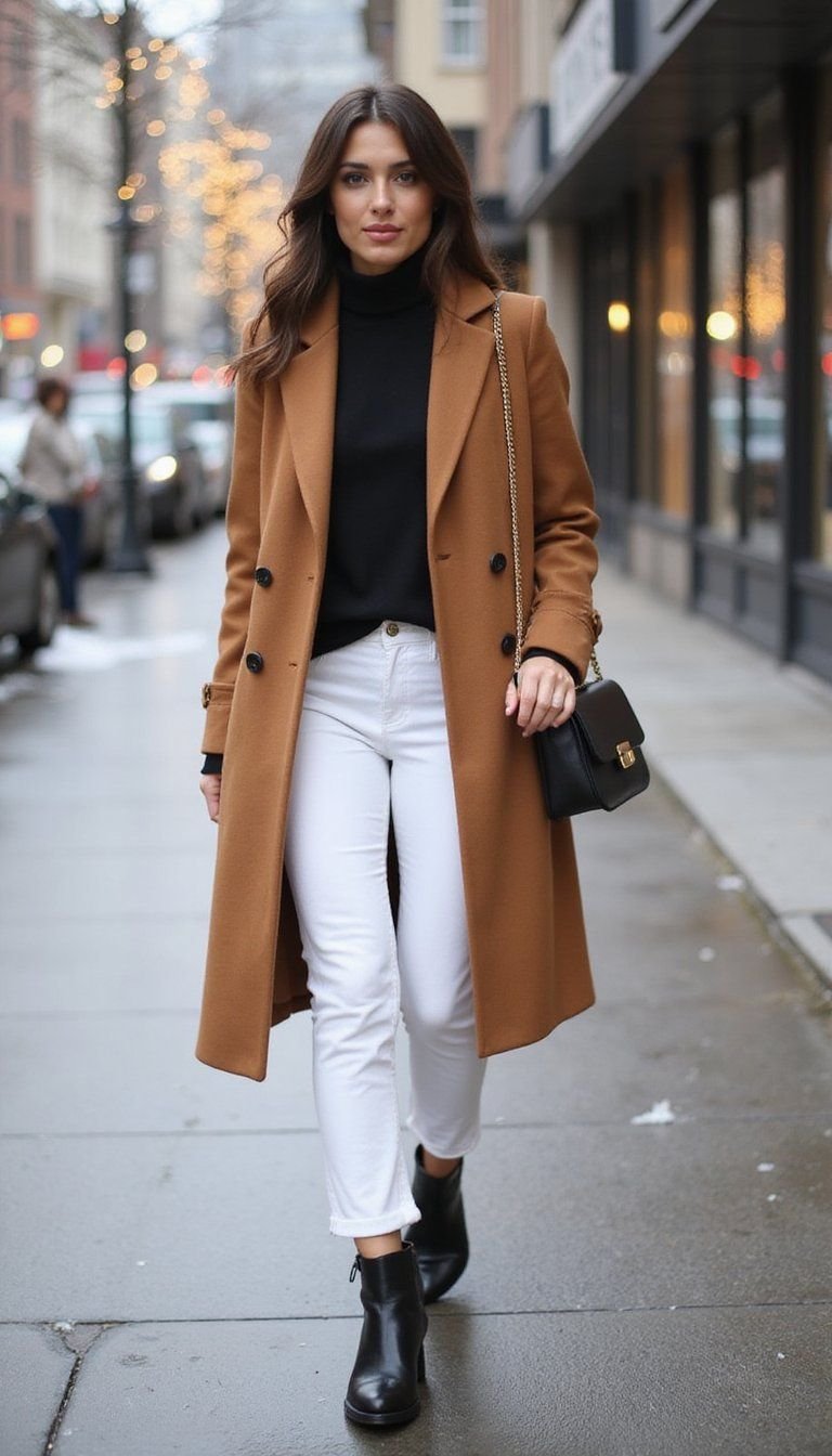 Midi Coat And White Jeans Winter Combo