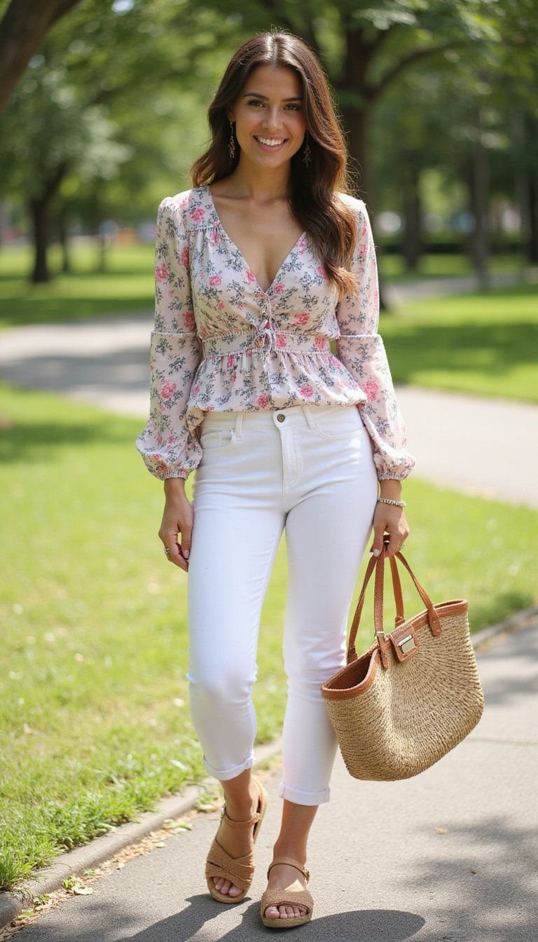 Spring Picnic Outfit With Floral Blouse