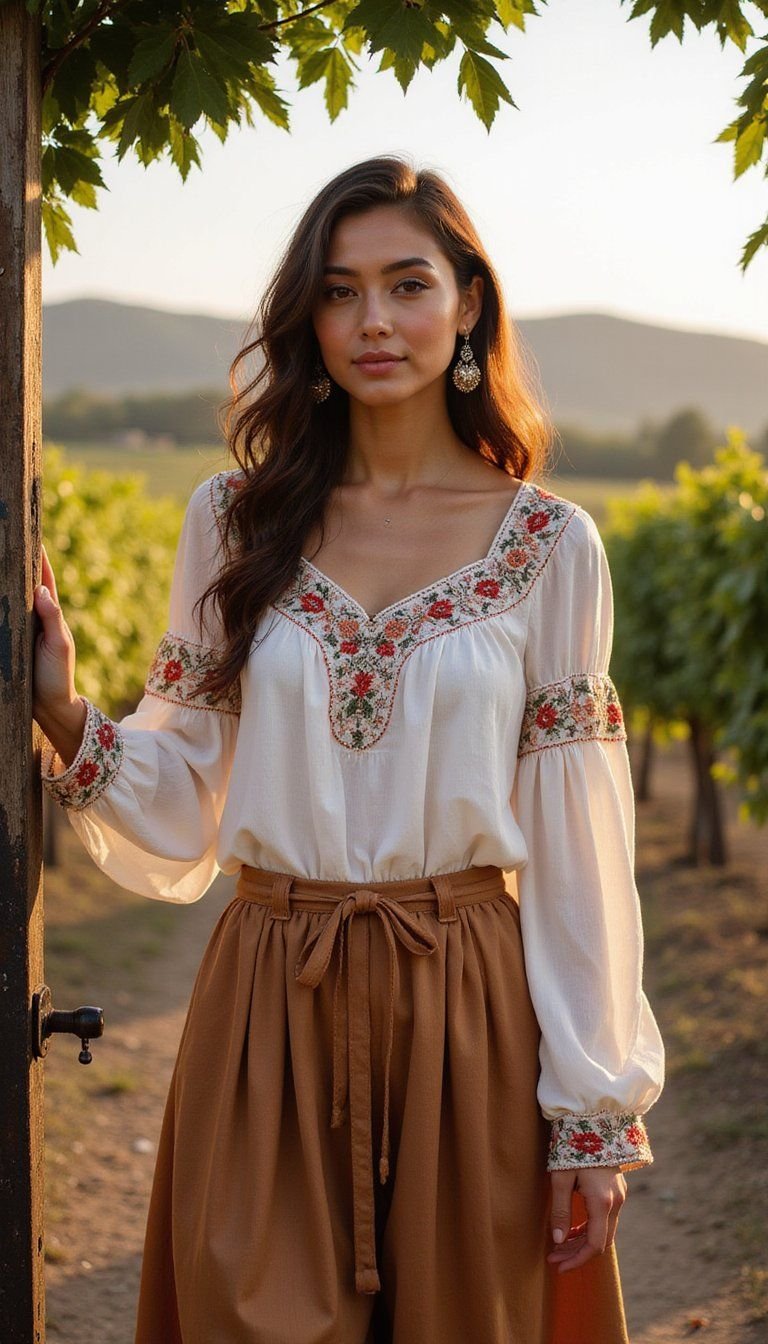 Boho Embroidered Top With Wide Skirt