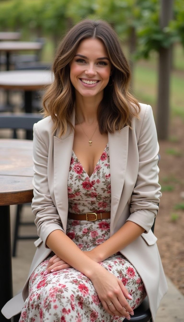 Classic Blazer Over Floral Tea Dress