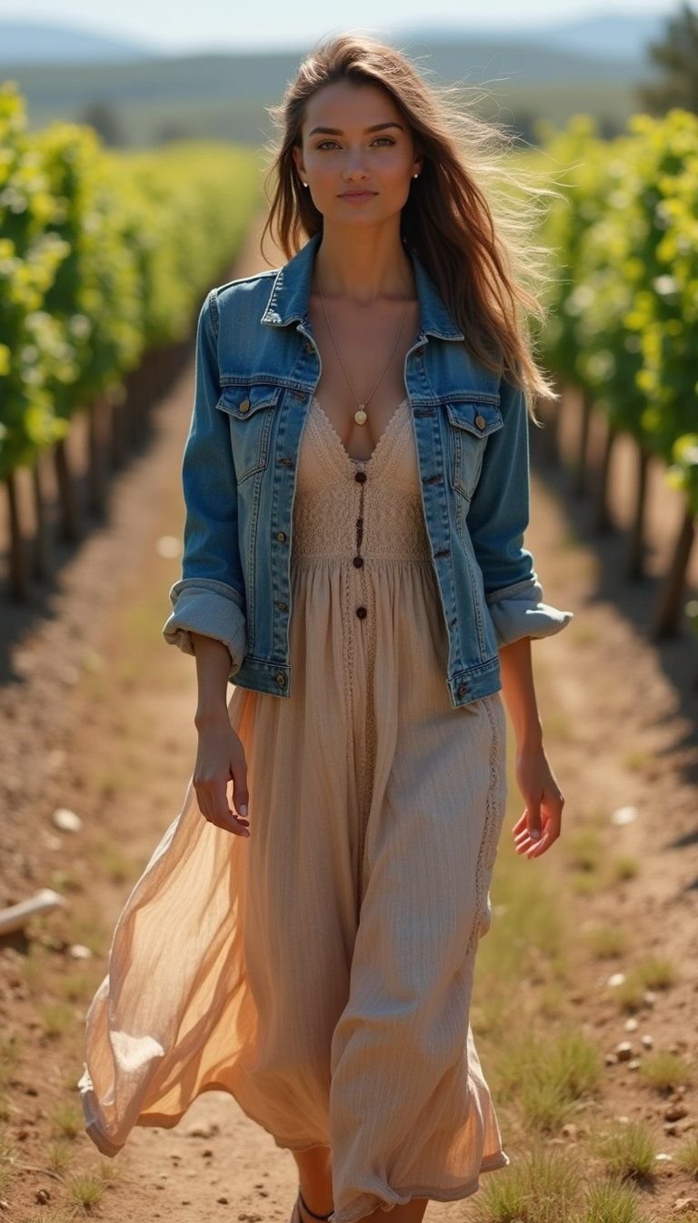 Denim Jacket With Flowy Maxi Dress