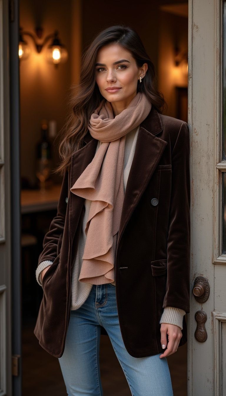 Velvet Blazer Paired With Silk Scarf
