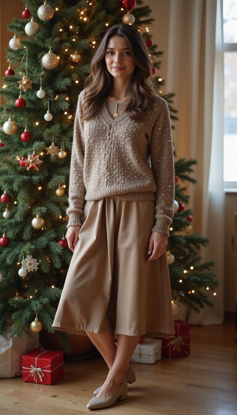 Pearl-Embellished Sweater With Midi Skirt